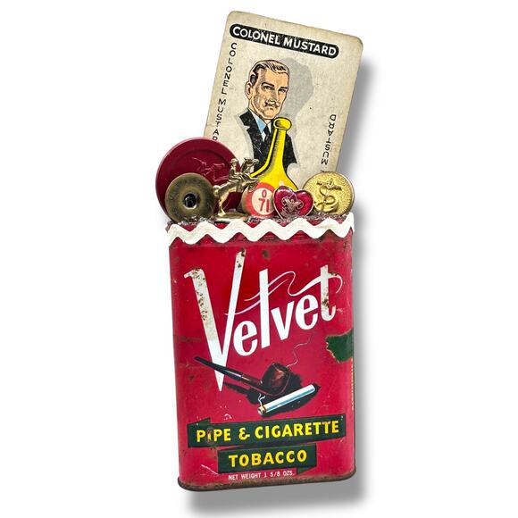 Colonel Mustard Assemblage Art Piece - Fathers Day Velvet Tobacco Tin - Picture 1 of 7